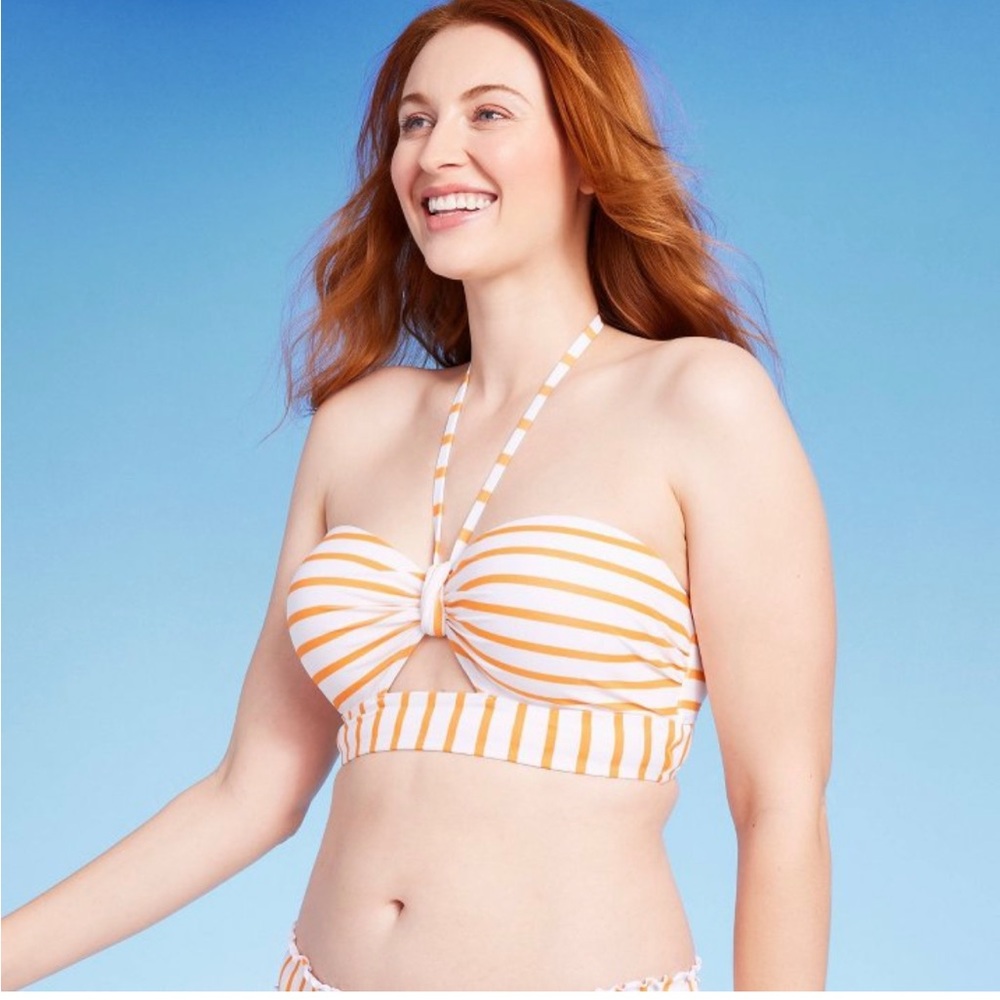 Shade & Shore Striped White/Orange (or Yellow) 36DD Bikini Top (NWT)